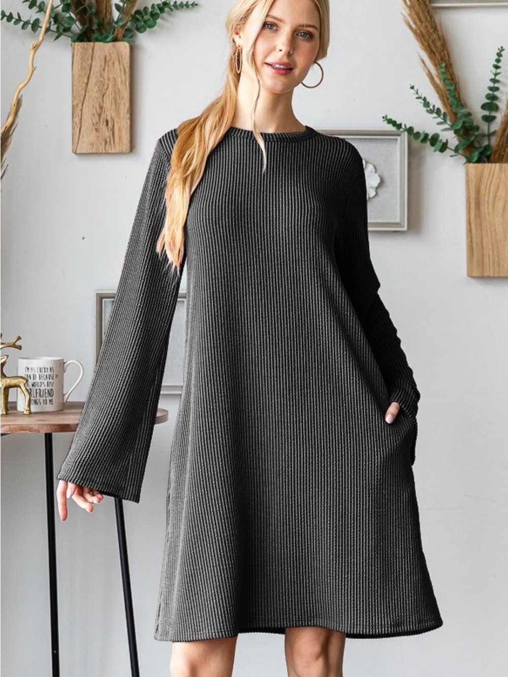 Ribbed Long Sleeve Mini Dress in Charcoal NWOTS